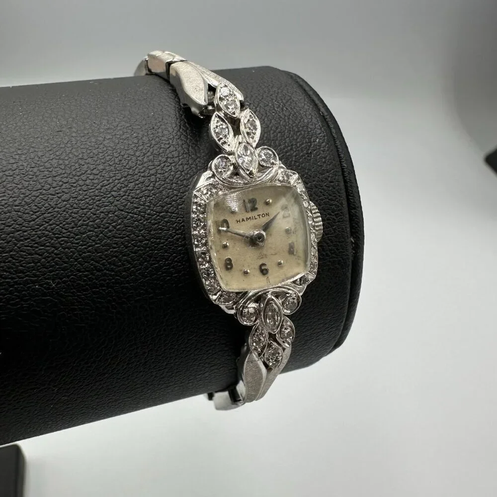 Vintage Hamilton Dinhofer Watch Women Platinum Diamond Bezel Manual Stretch
